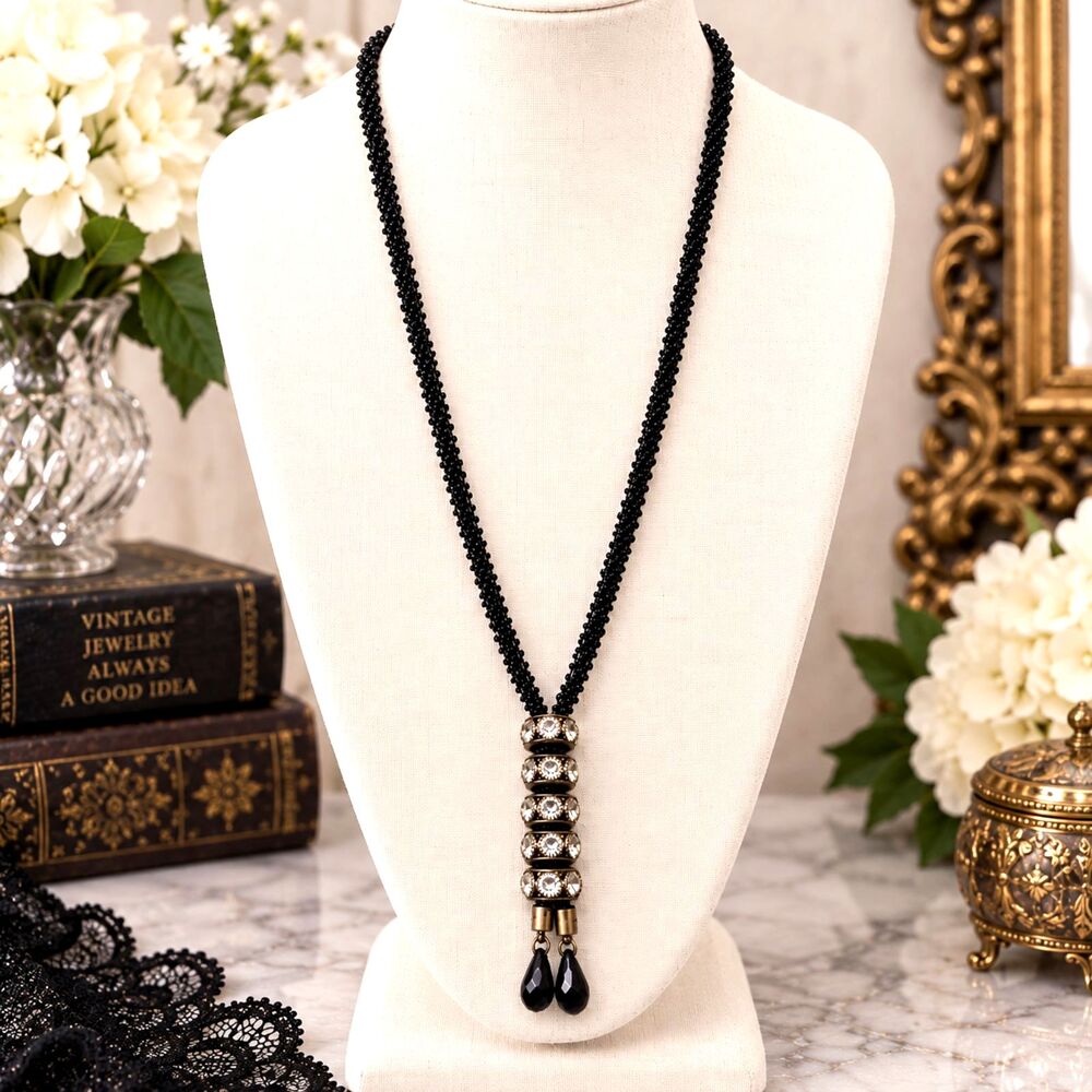 Vintage Black Beaded Rhinestone Rondelle Necklace Long Cord Chain 34"